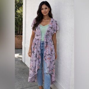 Purple Floral Kimono Duster Fairycore Large Cottagecore Short Sleeve Flowy